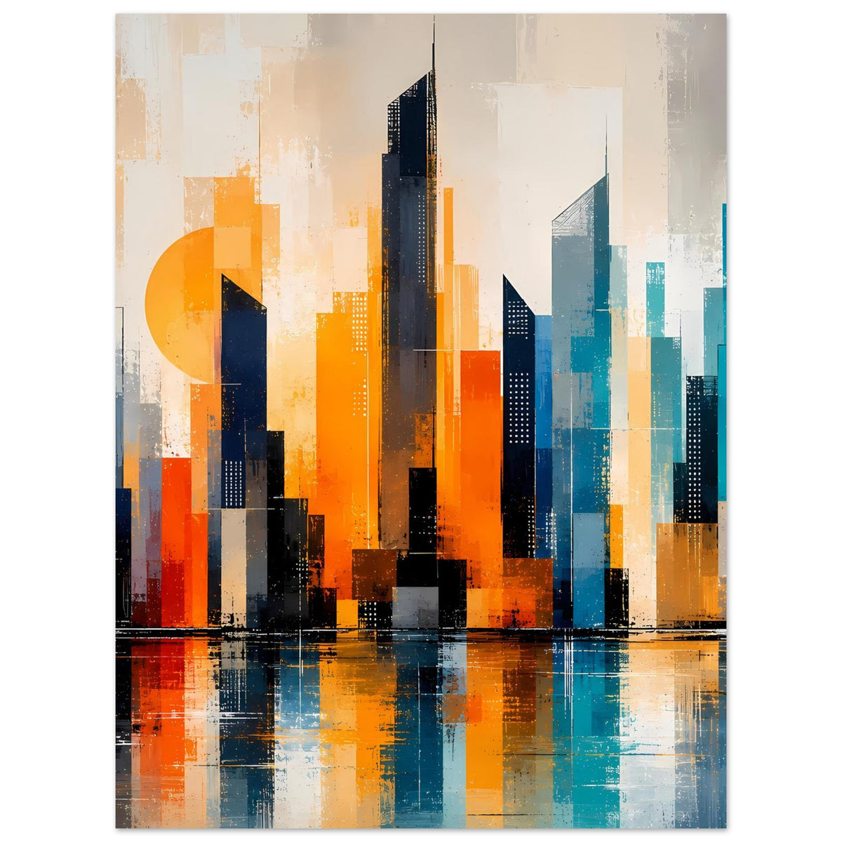 Modernes Stadtposter mit abstrakter Skyline in Orange und Türkis, mit spiegelndem Wasser darunter