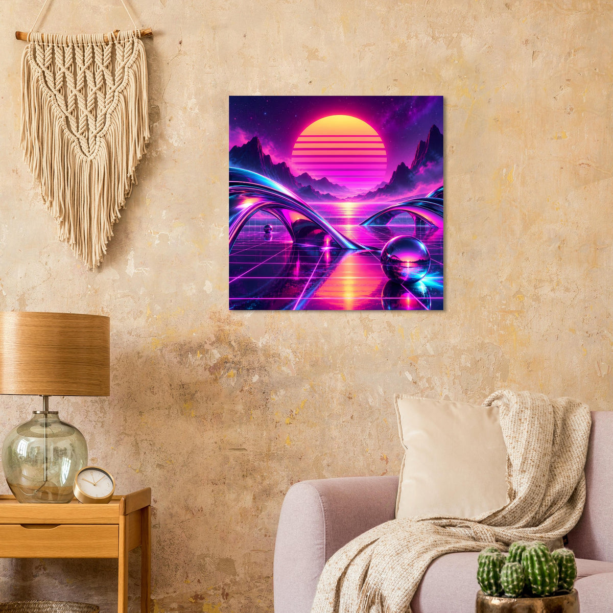 Quadratisches Retro-Science-Fiction-Poster mit Neon-Sonnenuntergang, Bögen und Astronaut