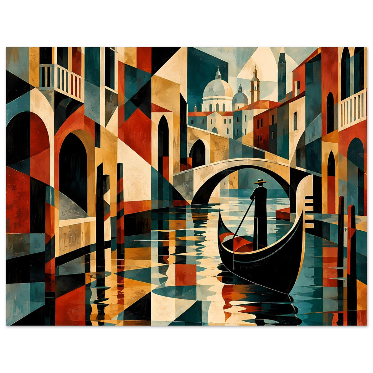 Horizontales Poster: Gondel im Kanal, venezianische Gebäude mit kräftigen Erdtönen.