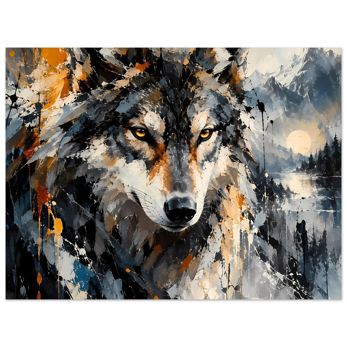 Querformat-Wandposter: abstrakter Wolfkopf nach vorn, Schwarz-Grau mit orangefarbenen Spritzpunkten
