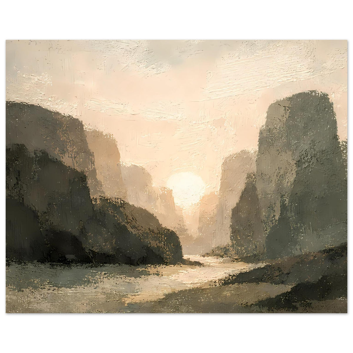 Poster mit Sonnenuntergang zwischen Felswänden, diagonaler Pfad und warme helle Highlights