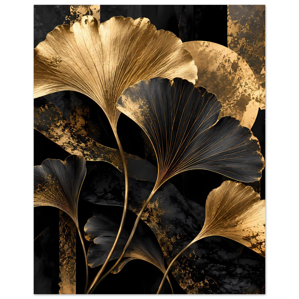 Botanisches Poster im Hochformat mit goldenen und schwarzen Ginkgo-Blättern auf mattem Papier