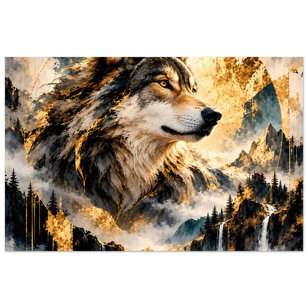 Poster im Querformat: Wolfkopf mit goldenen Akzenten, Berglandschaft und Wald im Hintergrund