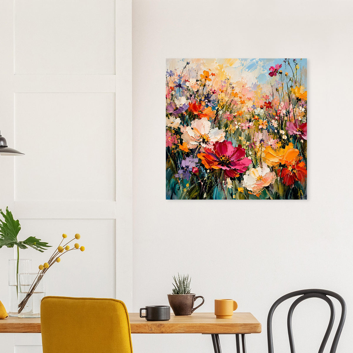 Blumenposter mit farbenprächtigem Blumenarrangement in Orange, Pink und Rot