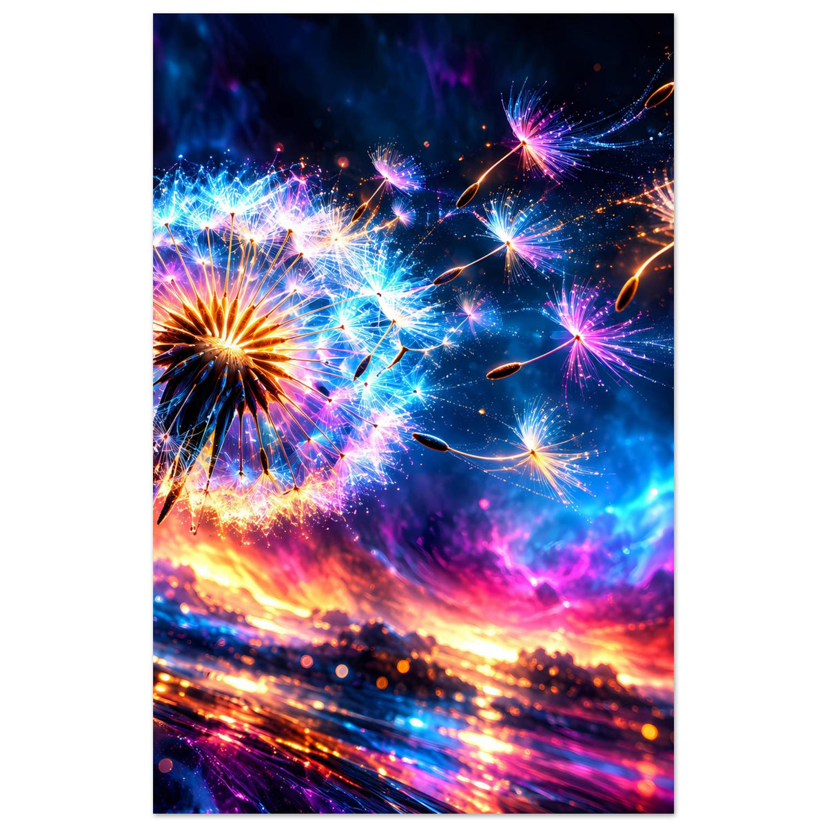 Poster, vertikal: Feuerwerk mit Neonfarben, große blaue Explosion links und bunte Sterne rechts