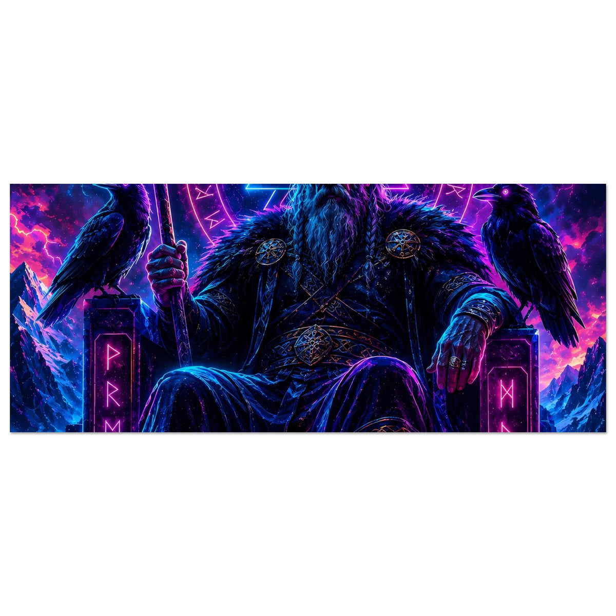 Horizontales Fantasy-Poster-Ausschnitt: Mantelsaum, Türme mit Neon-Schrift und Raben