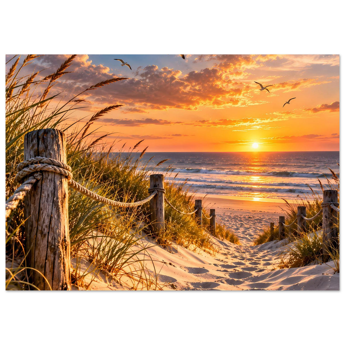 Strandposter: Sonnenuntergang über Sanddünen, Möwenflug, Schilfgras an Holzpfosten