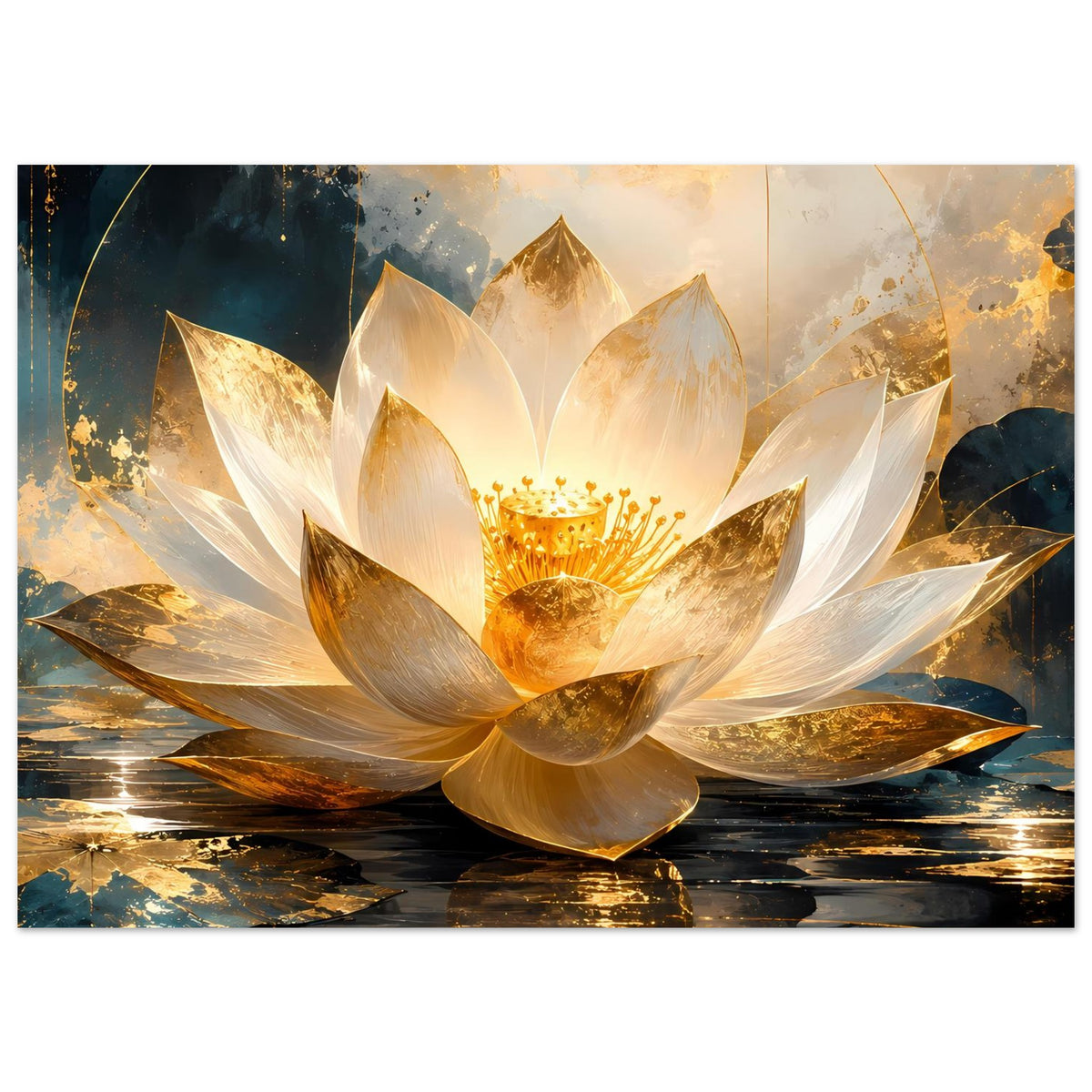 Kunstposter mit goldener Lotusblüte, weißen Blütenblättern und Wasserreflexion