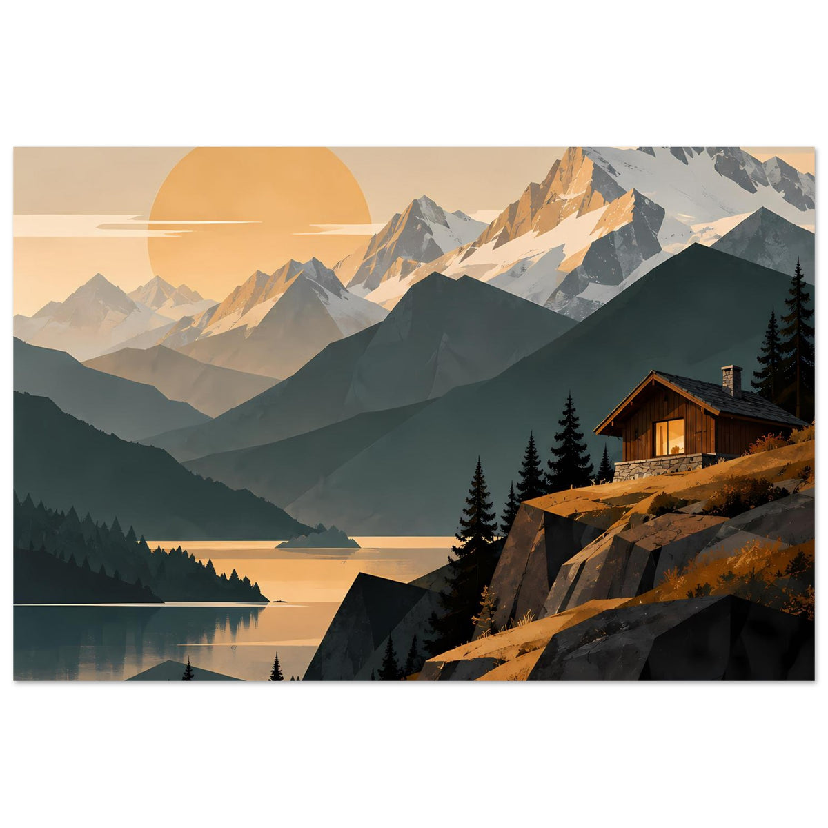 Poster mit Abend-Alpen: ruhiger See, Berge, Holzhaus rechts, große Sonne am Himmel