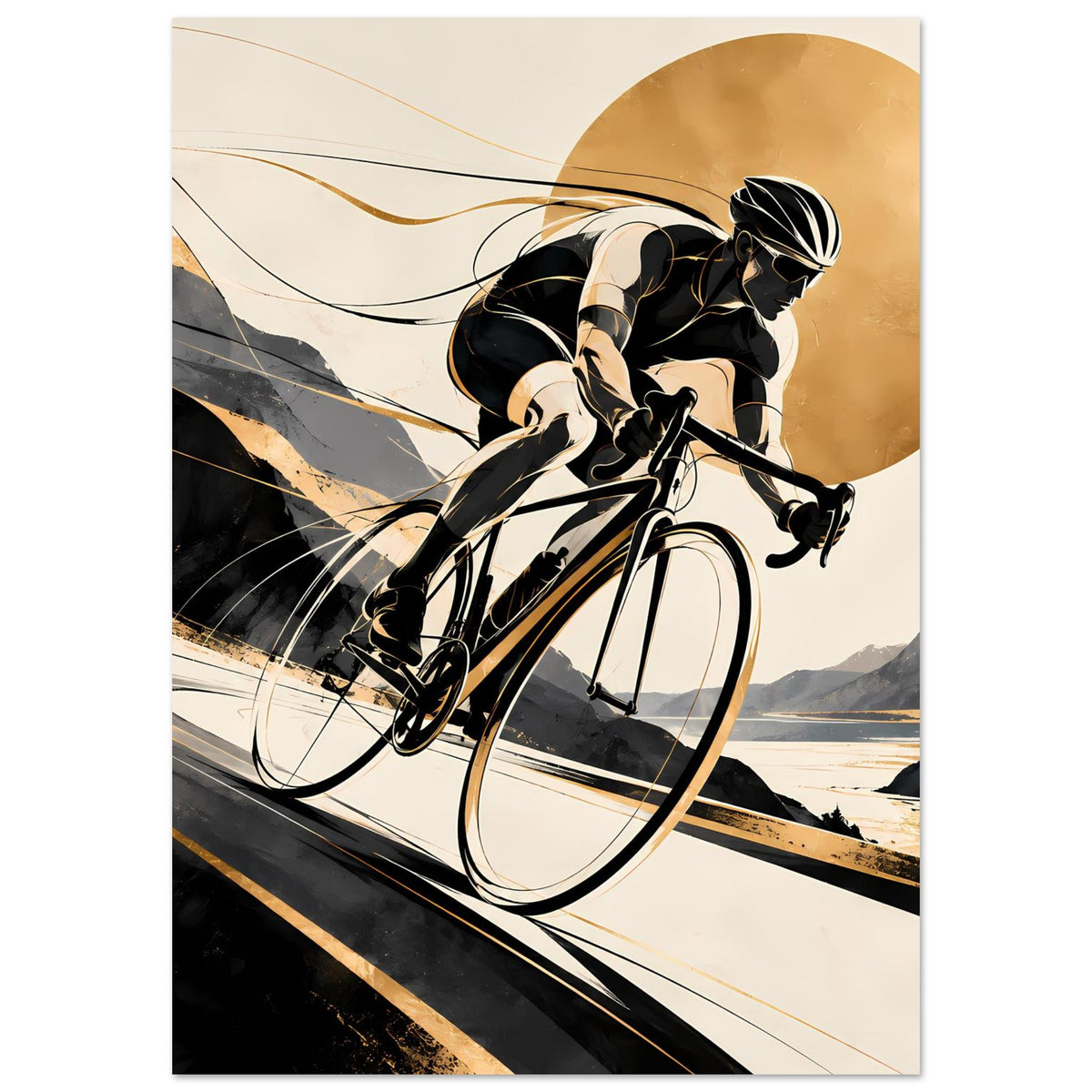 Sportposter im Hochformat: Radfahrer auf Fahrrad, schwarz-goldenes Design mit goldenem Kreis