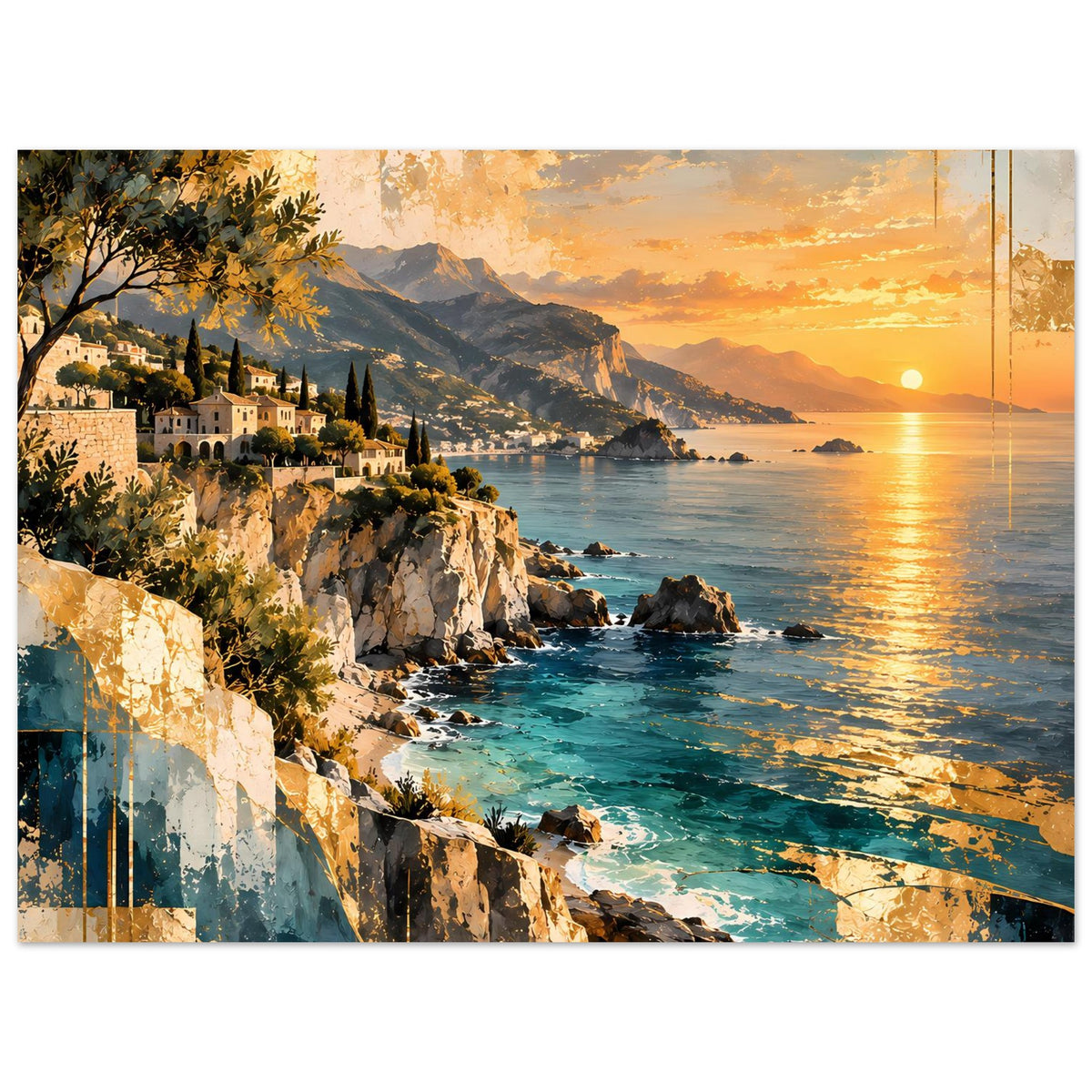 Horizontales Poster mit Abendsonne, Klippenküste, türkisfarbenem Wasser und Wellen