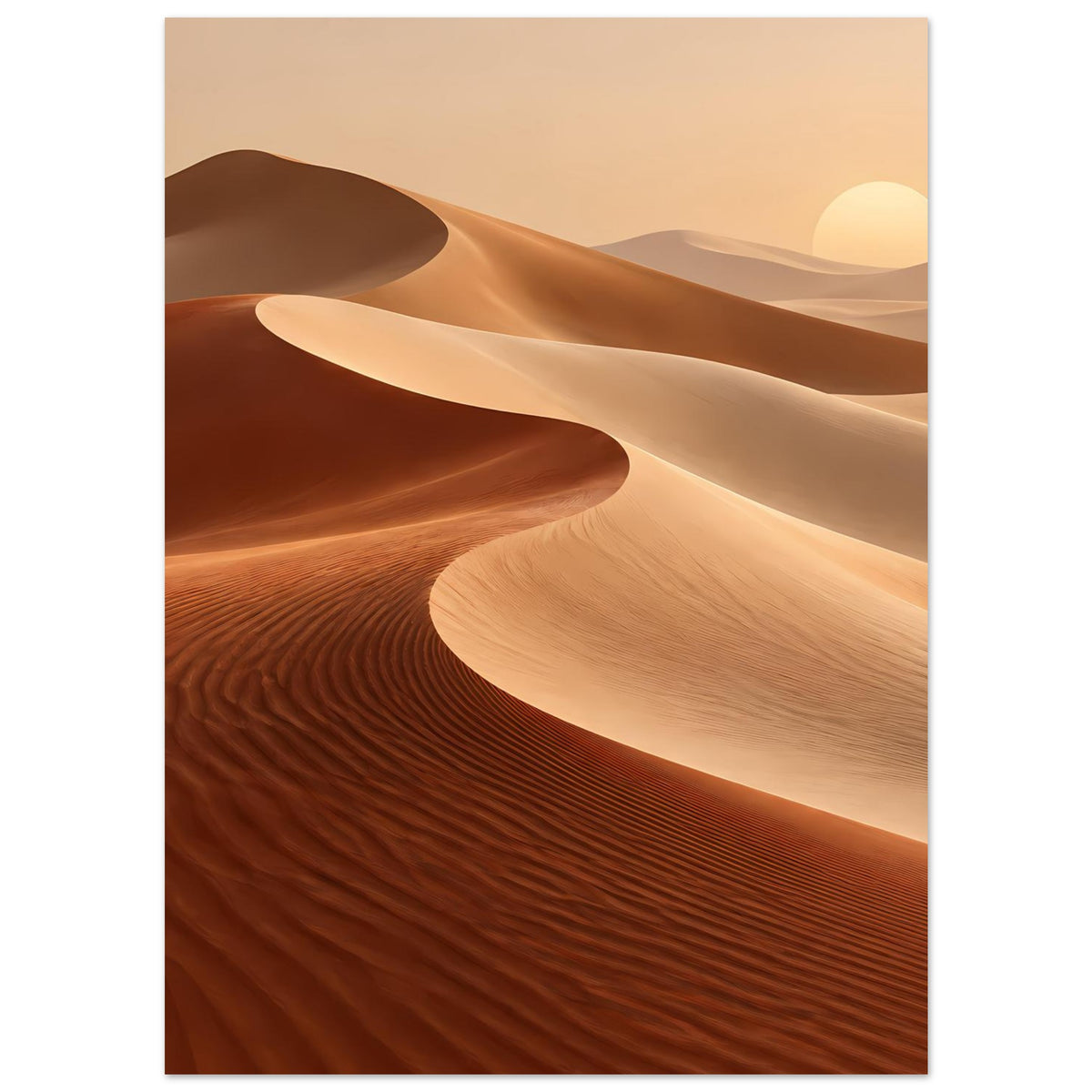 Wandposter mit Wüstendünen und sanften Farbverläufen von Beige bis Braun, weiches Motiv