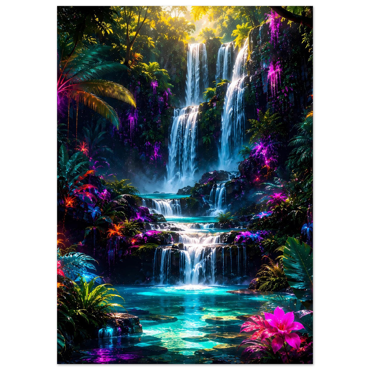 Vertikales Poster: Wasserfall im Dschungel, türkisblaues Wasser und neonfarbene Pflanzenlichter