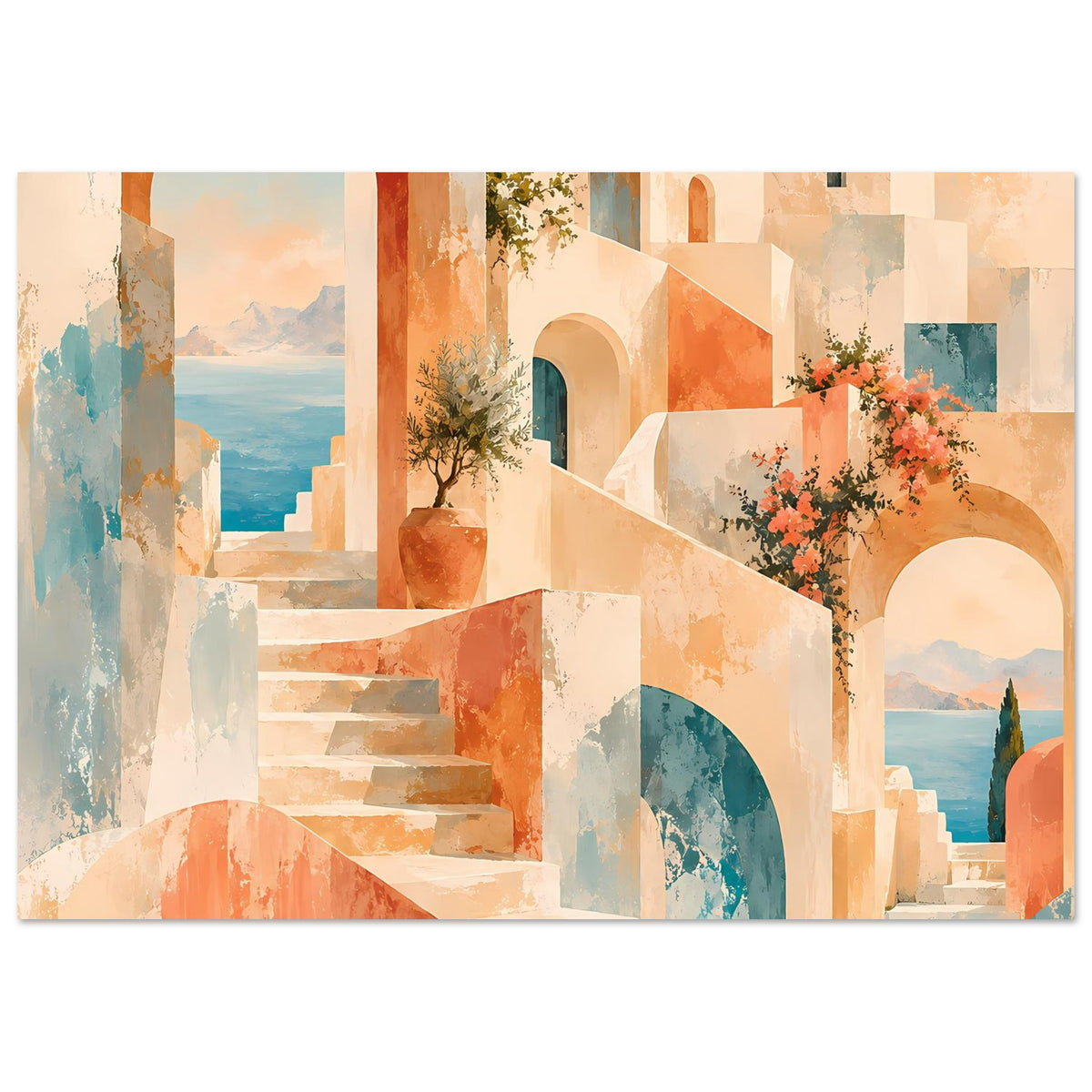 Mediterranes Poster mit Treppe, Bögen, weiß/orange Wänden, blauem Meer und Blumenstrauß