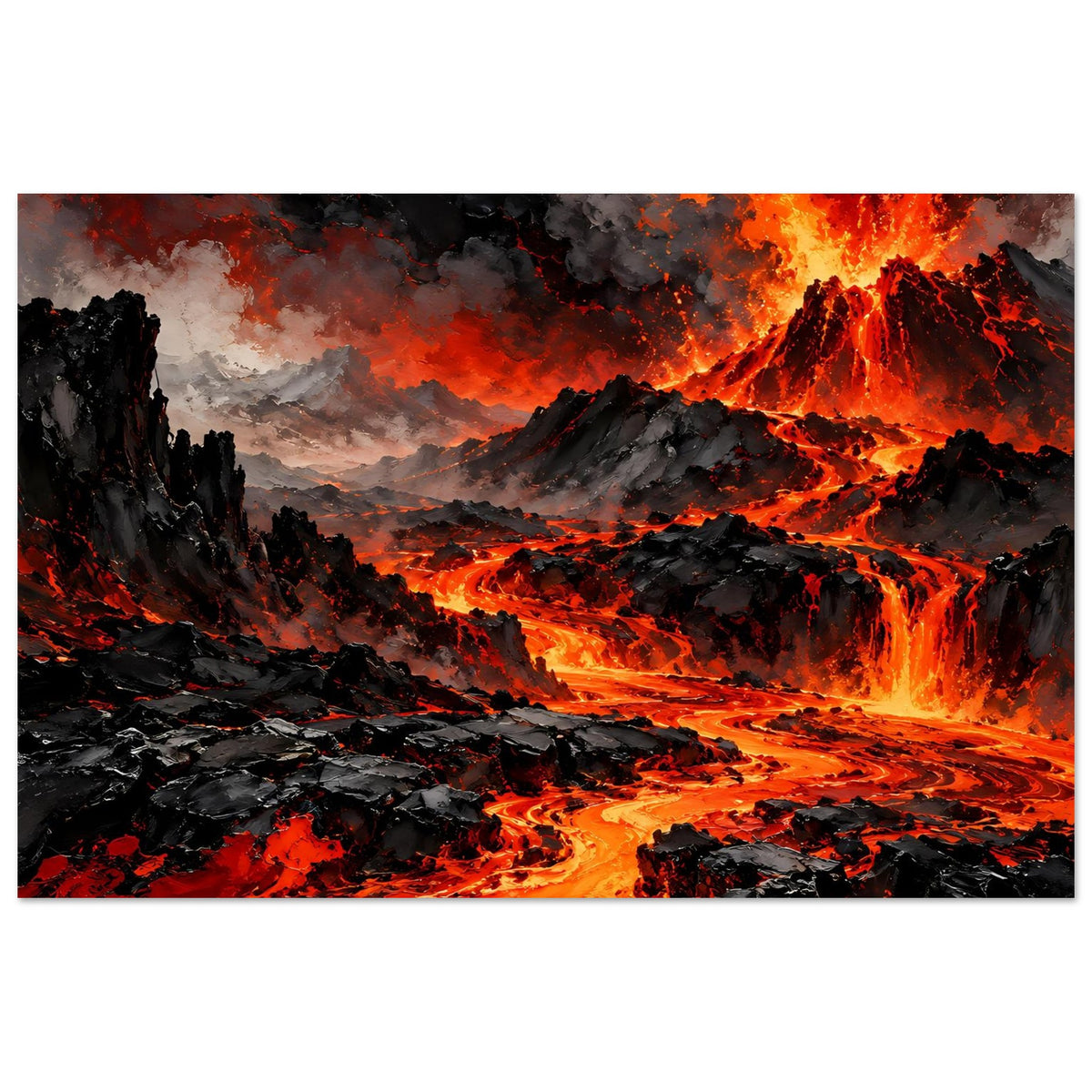 Vulkan-Ausbruch Poster, horizontales Motiv mit glutrotem Ausbruch und Rauchwolken