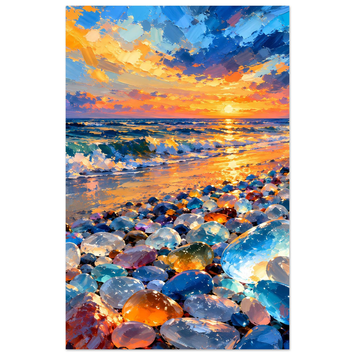 Vertikales Poster: Sonnenuntergang über dem Meer, bunte Glaskiesel am Strand