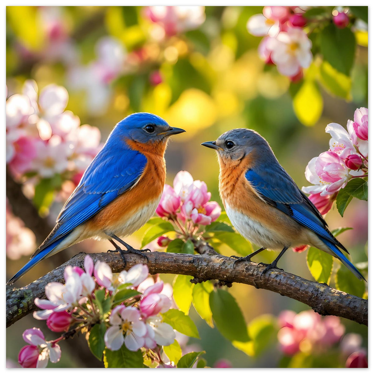 Poster im Hochformat mit zwei Blaumeisen auf einem Ast, umrahmt von rosa Blüten.