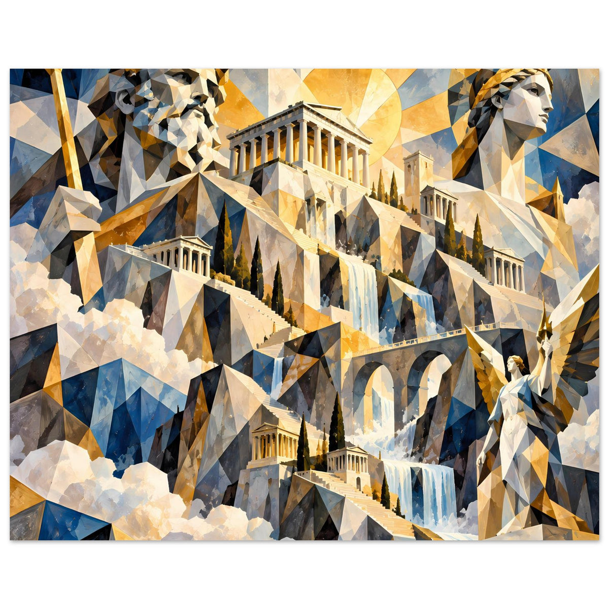 Poster mit Parthenon, Statuenbüsten und Sonnenkreis, Wolken und geometrischen Flächen in Blau/Gold
