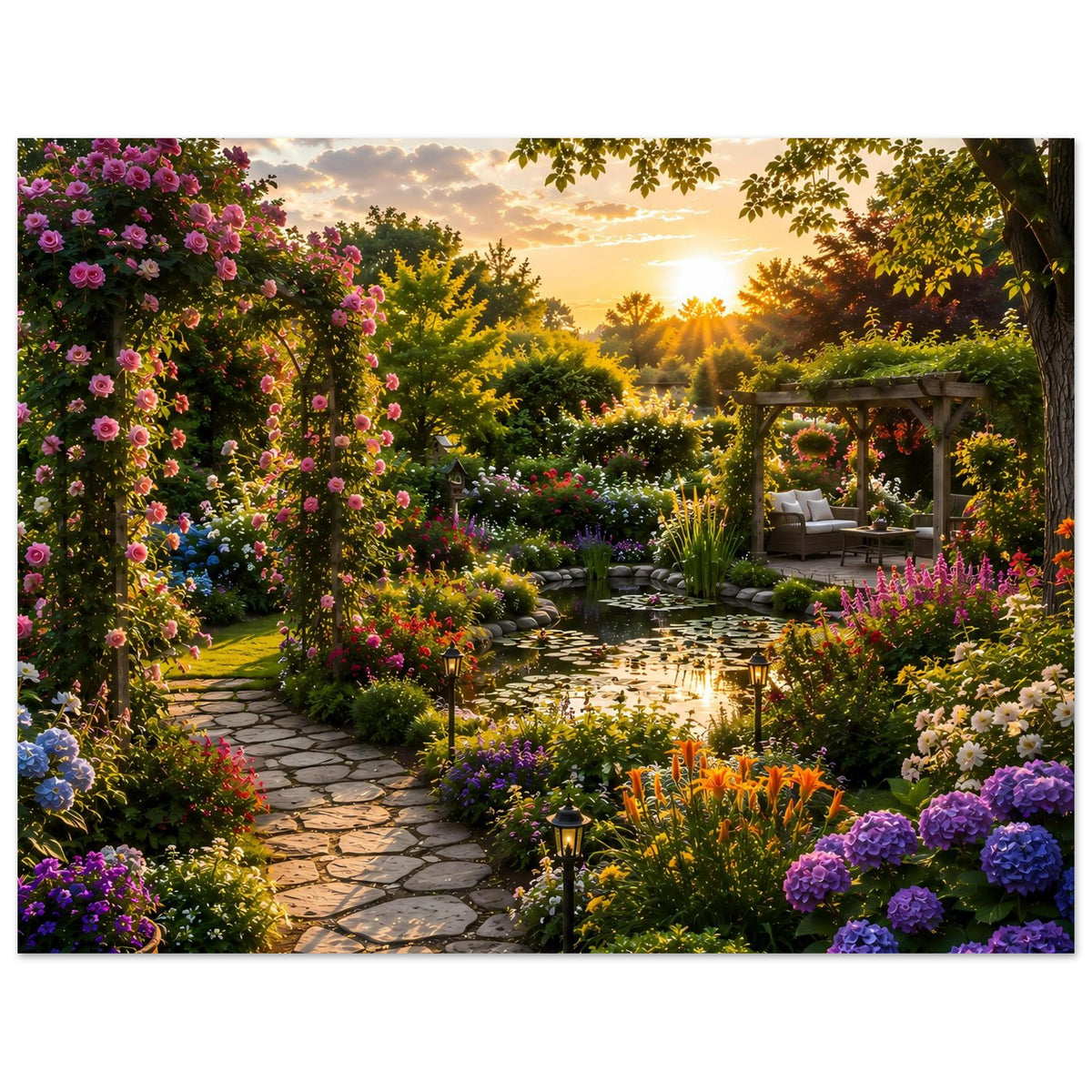 Querformatiges Poster mit Gartenweg, violetten Blüten und warmem Sonnenuntergang, matt