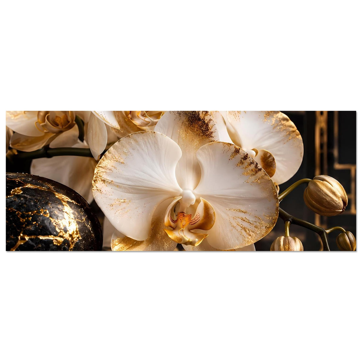 Orchideen-Poster Ausschnitt: weiße Blüten mit goldenen Rändern, nur untere Bildhälfte