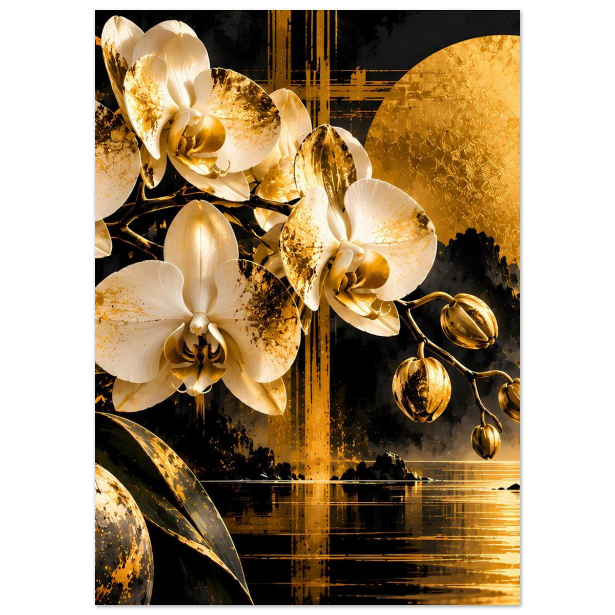 Orchideenposter im Hochformat mit weißen Orchideenblüten und goldener Farbfläche