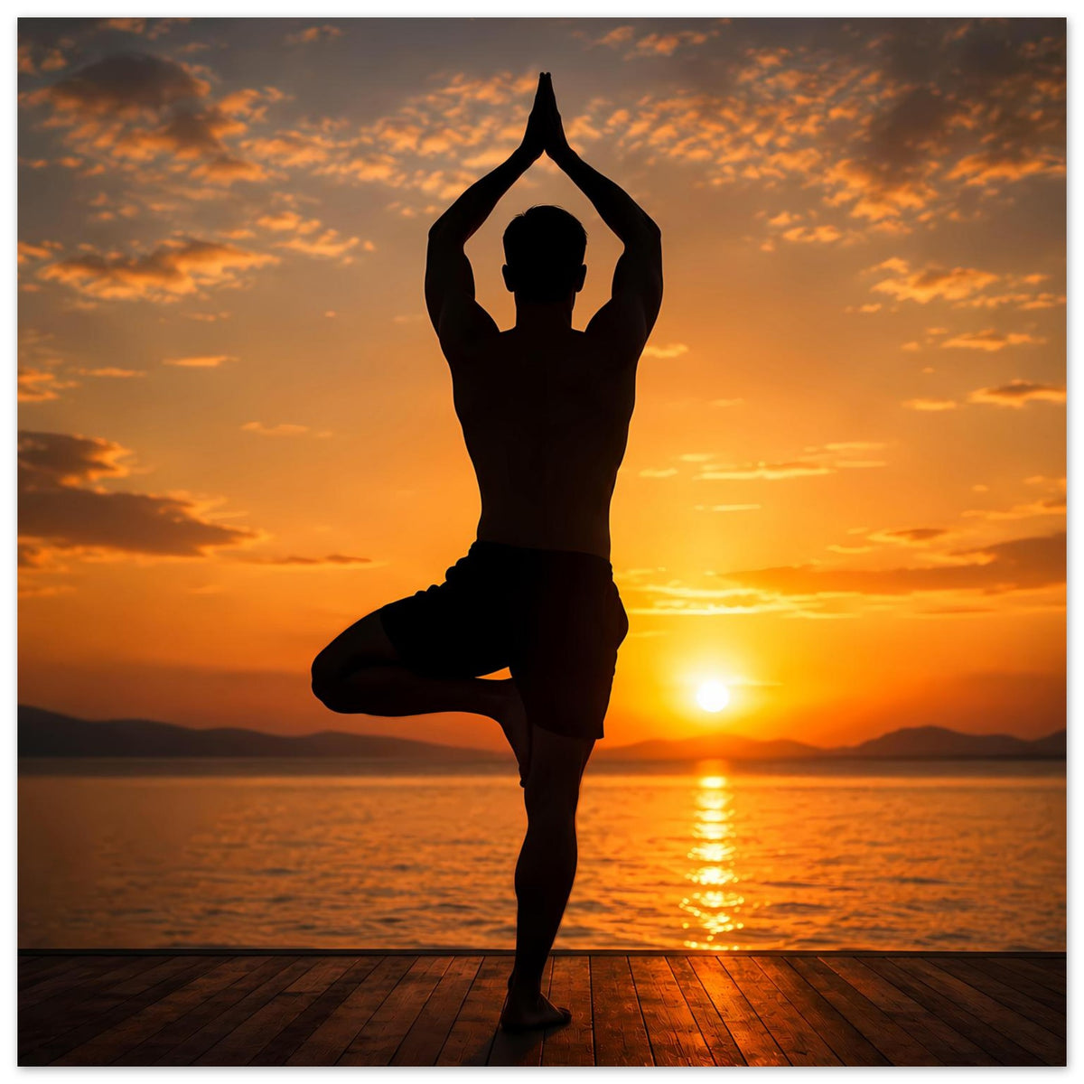 Yoga-Poster mit zentraler Silhouette im Einbein-Stand, Hände über dem Kopf, Sonnenuntergangslicht