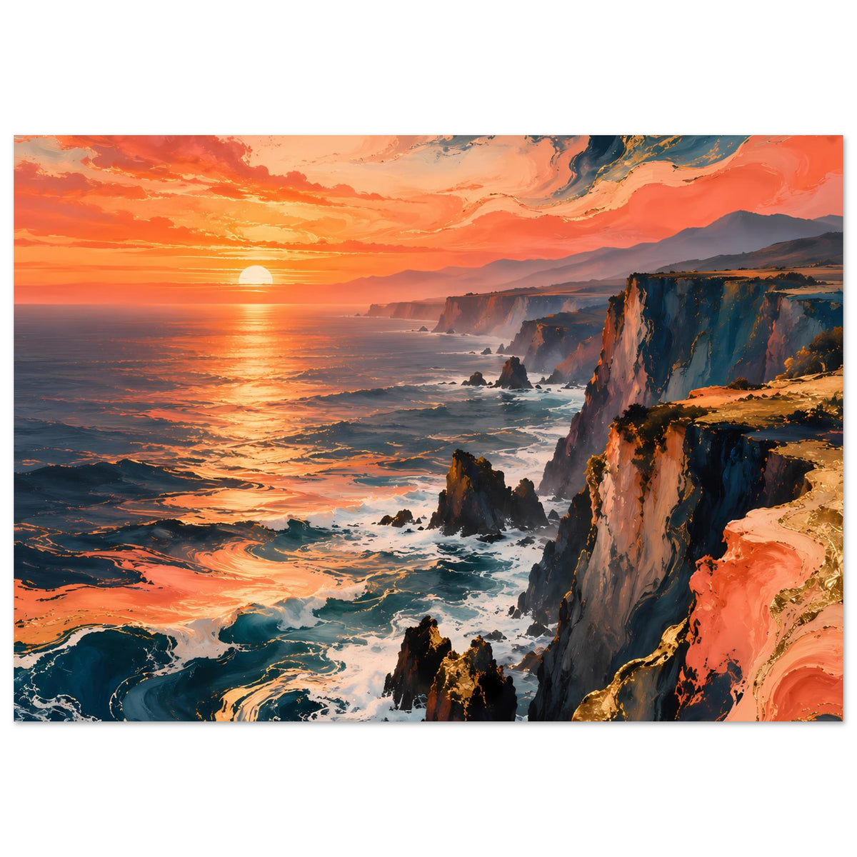 Querformat-Poster: Sonnenuntergang an Küstenklippen mit orangefarbenem Meer, Wellen und Wolken