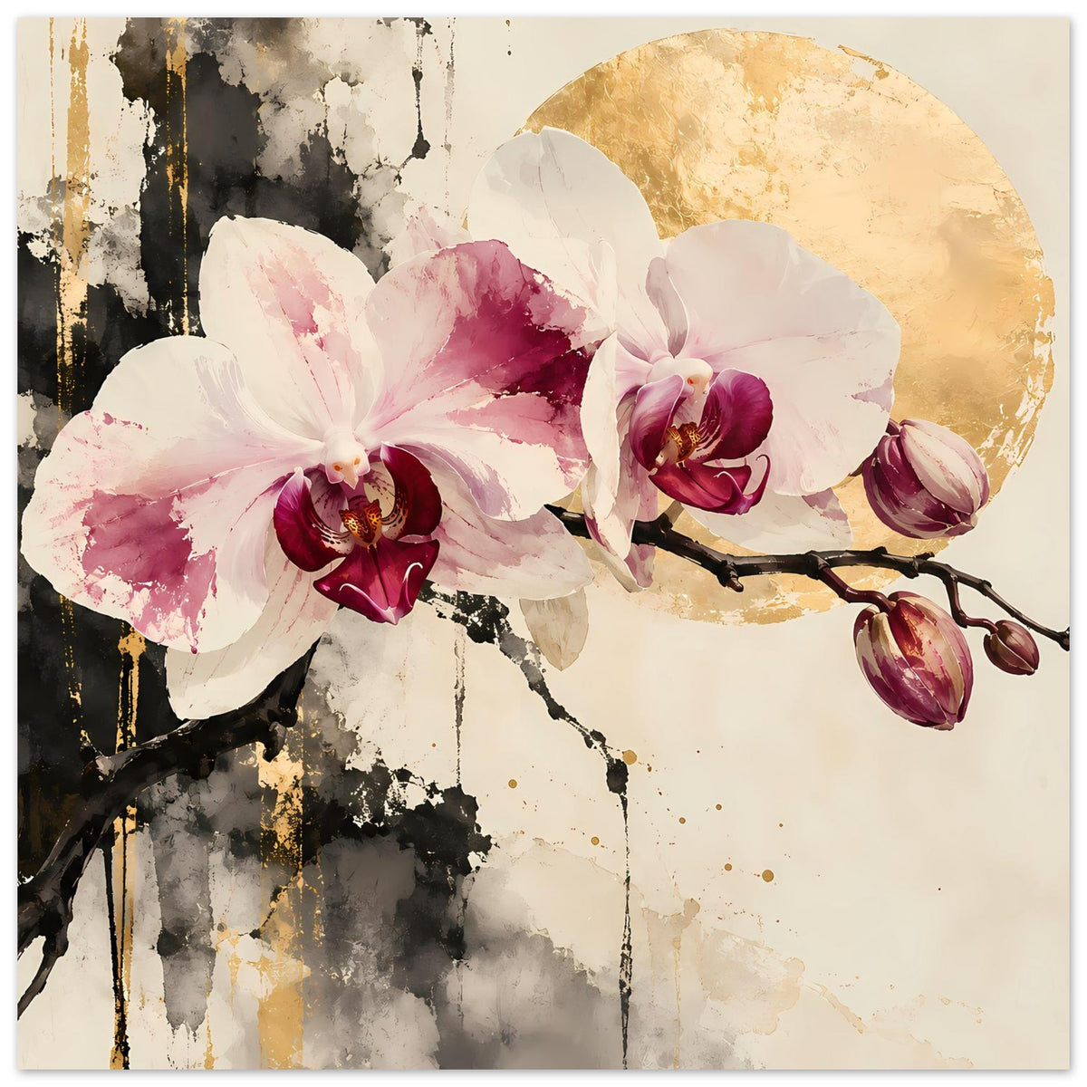 Blumenposter mit Orchideenblüten, goldener Halbkreisfläche und violetten Knospen