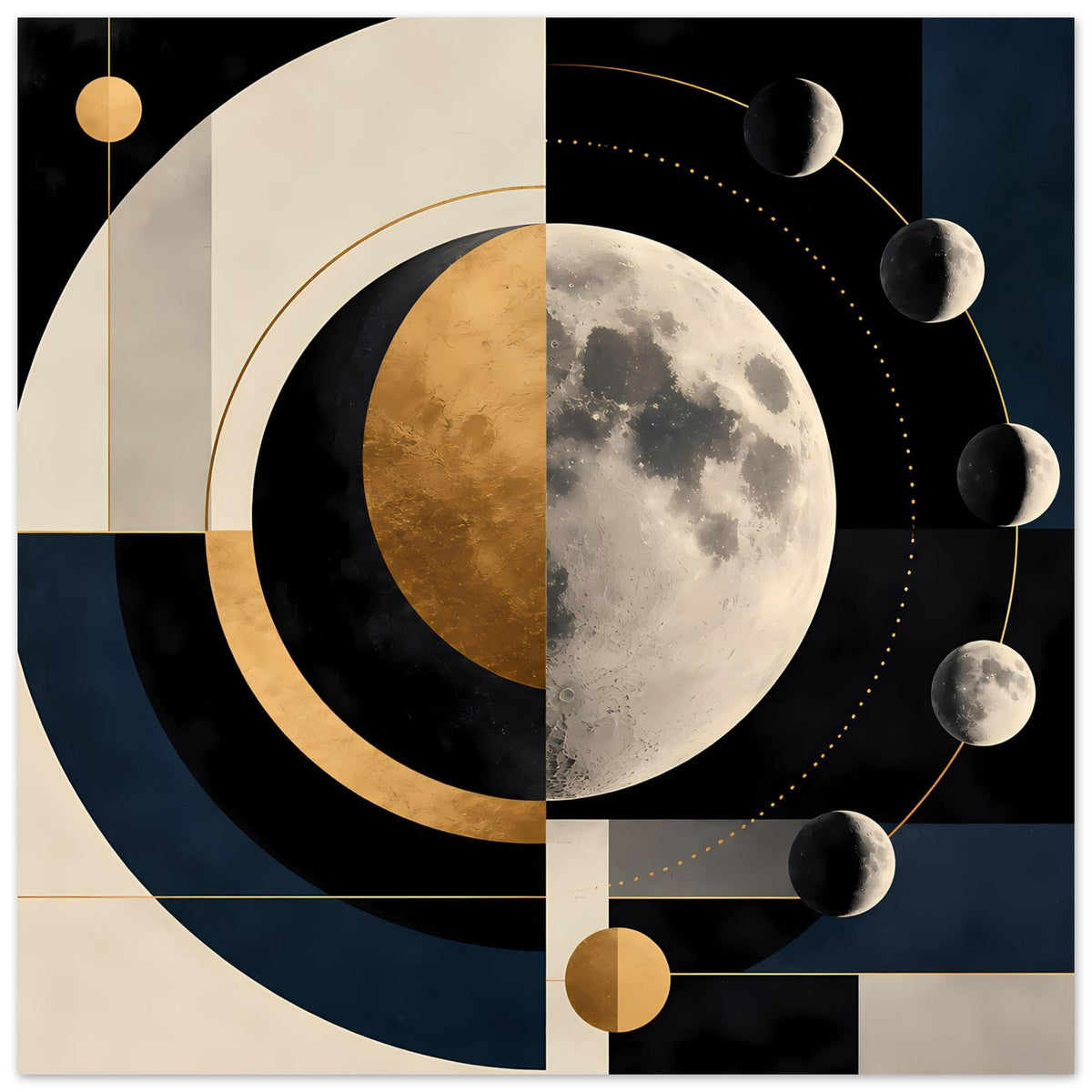 Kunstdruck mit Mondphasen: großer silberner Mond, goldener Bogen, schwarze Flächen und kreisförmige Punkte.