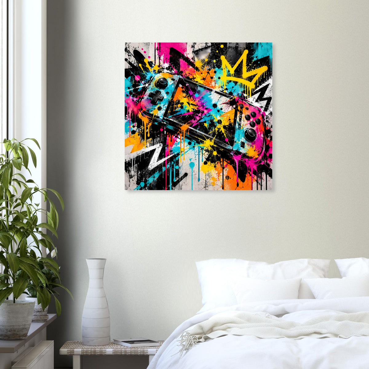 Graffiti-Gaming-Poster mit abstraktem Controller-Motiv in Pink, Gelb, Türkis und Schwarz.
