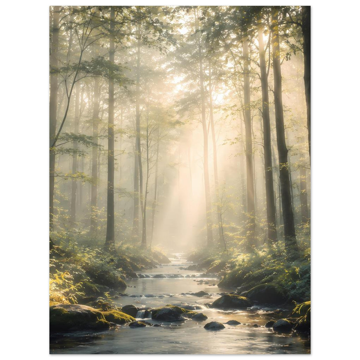 Wald-Bach Naturposter mit Lichtstrahlen, moosigem Unterholz und Felsen im Vordergrund