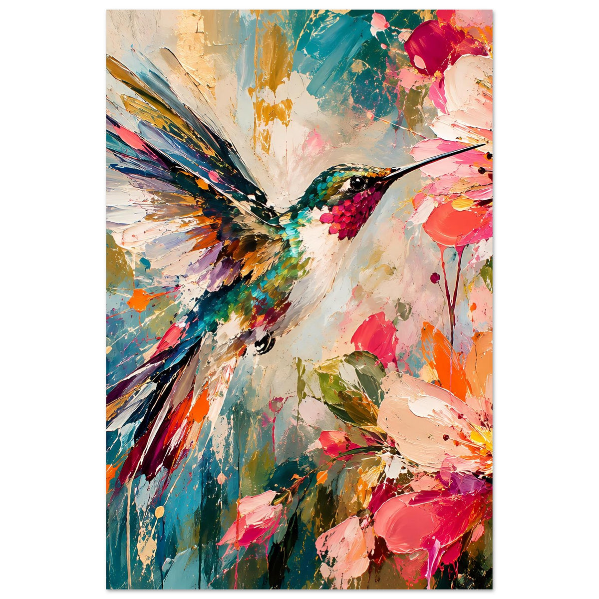 Kunstdruck im Hochformat: Kolibri und Blüten in bunten Spritzfarben, rechteckig