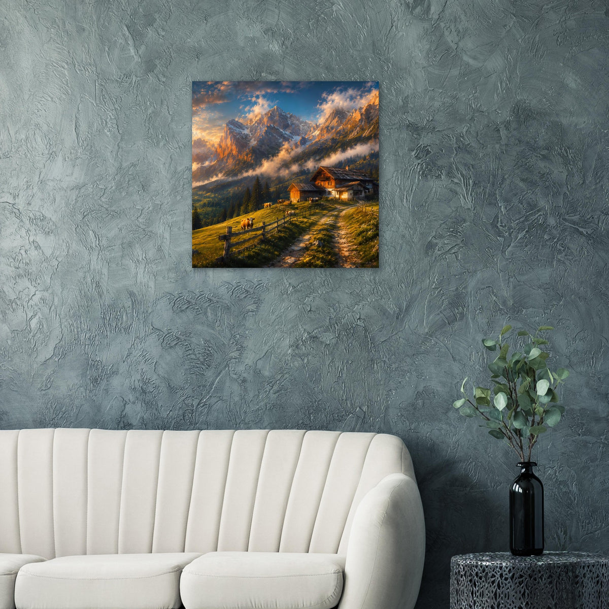 Wandposter mit Almhütte in der Landschaft, steile Alpen, Wiese und Dämmerung
