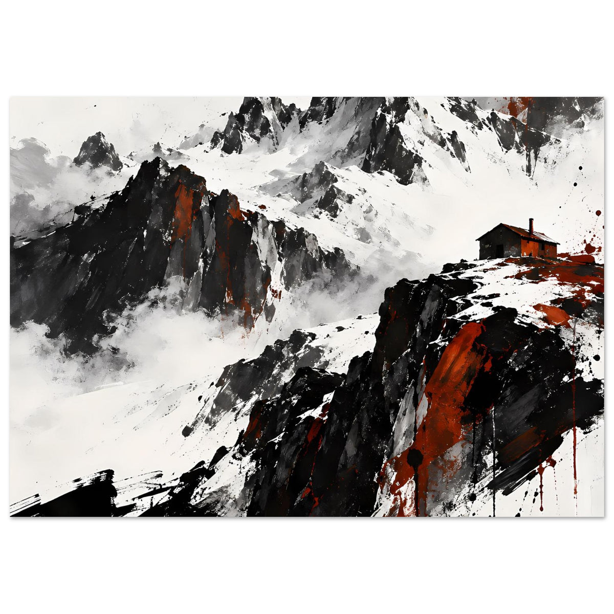 Wandposter mit dramatischer Gebirgslandschaft, Schwarz, Weiß und orangefarbenen Akzenten
