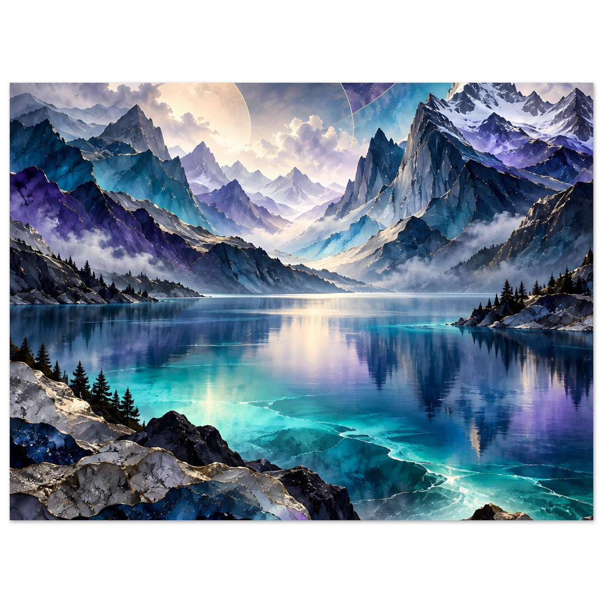 Bergsee-Poster, Panorama mit schroffen Gipfeln, spiegelndem See und türkis Wasserläufen, Querformat