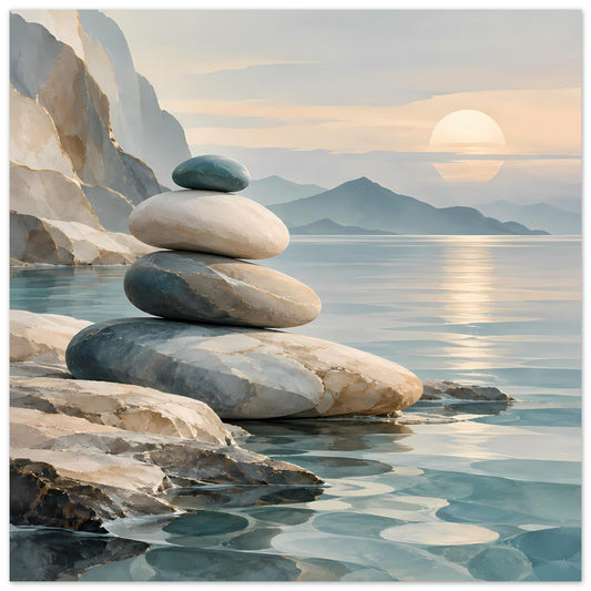Wandposter mit Steinstapel am Meer, beruhigende Blau‑ und Beigetöne
