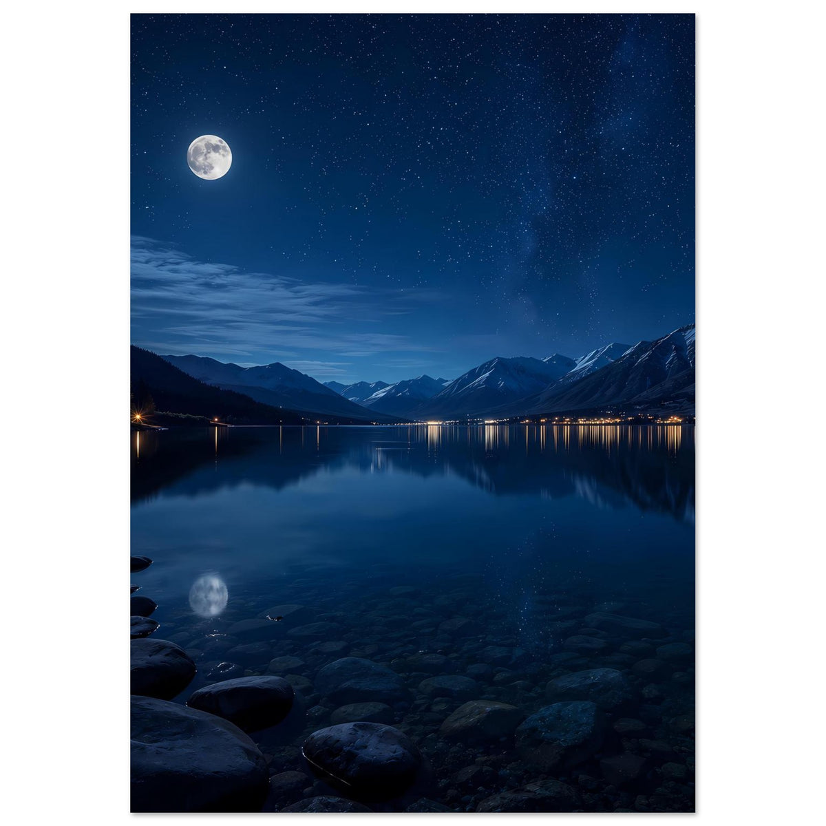 Gerahmtes Hochformat-Poster: Mond über Bergsee, Sternenhimmel, Berge, ruhige Spiegelung im Wasser
