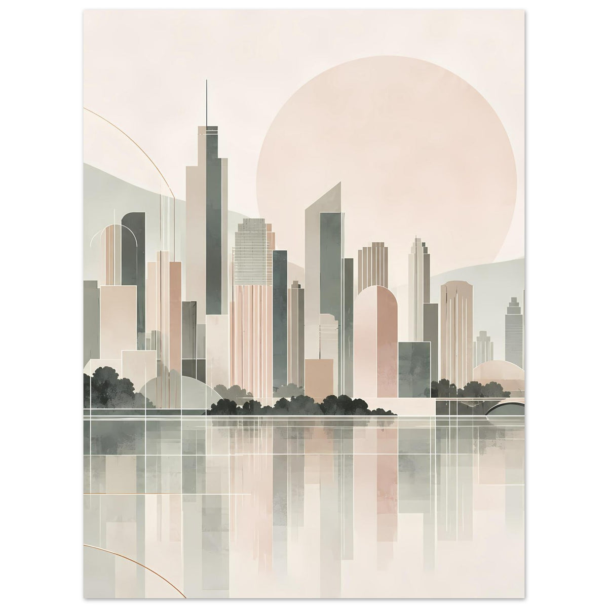 Stadtposter mit Skyline-Silhouetten und großer Sonnenscheibe über ruhigem Wasser, gerahmt.