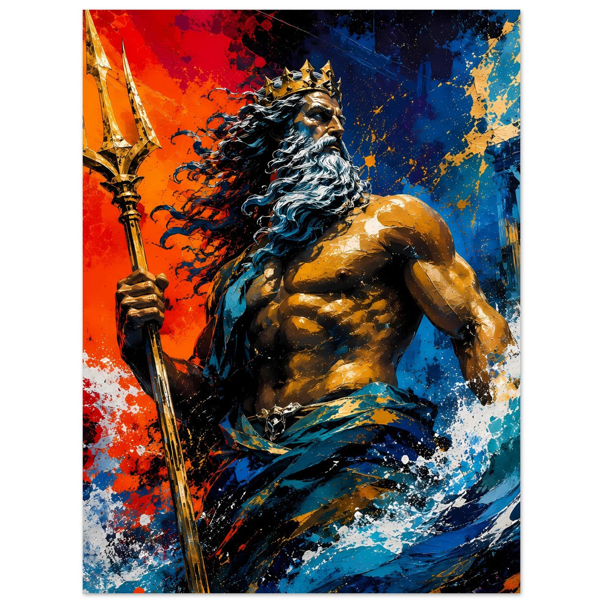 Vertikales Poster mit Poseidon-Figur und Dreizack, rot-blaues Farbspritzer-Artwork
