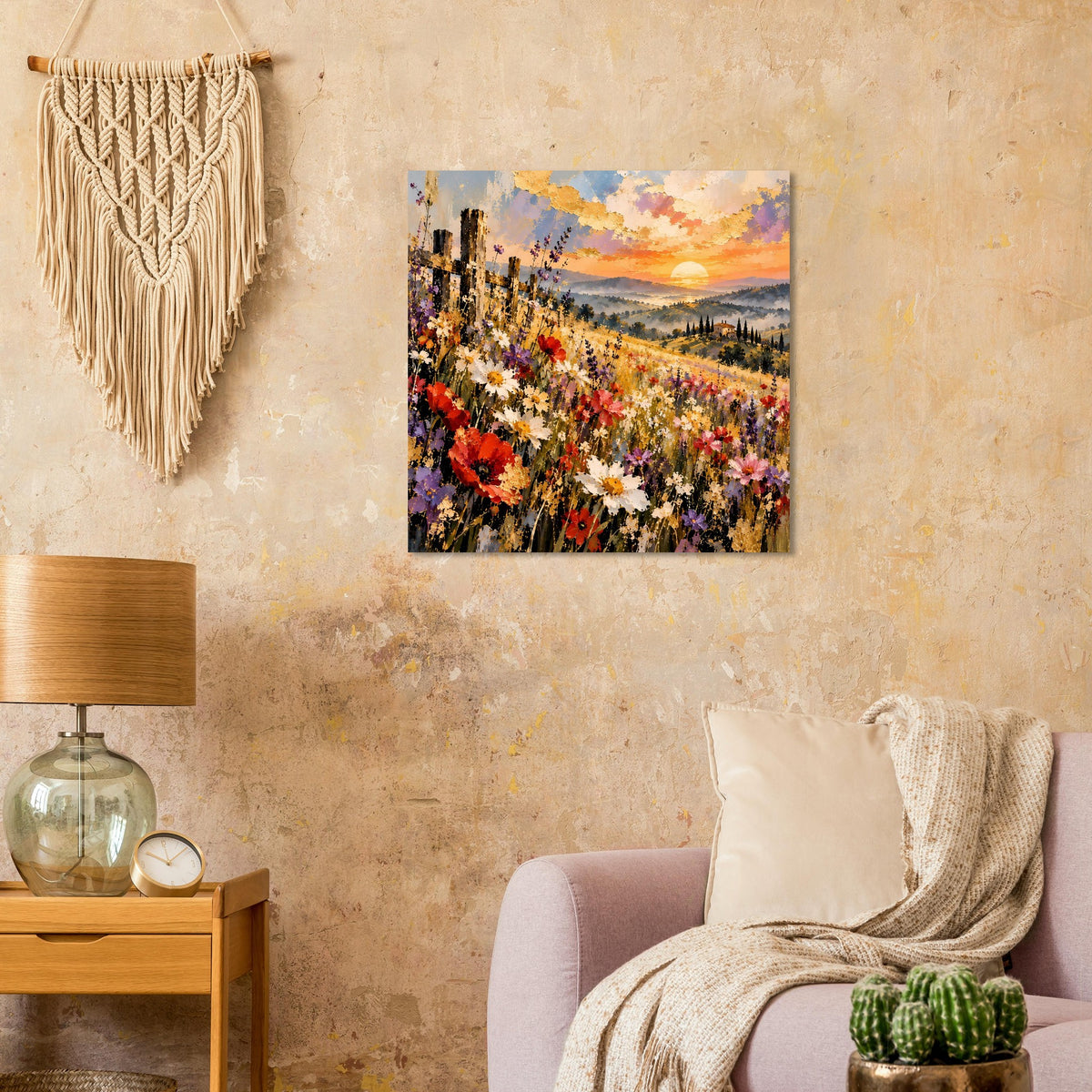 Gerahmtes Landschaftsposter mit Sommerwiese, Mohnblumen und untergehender Sonne