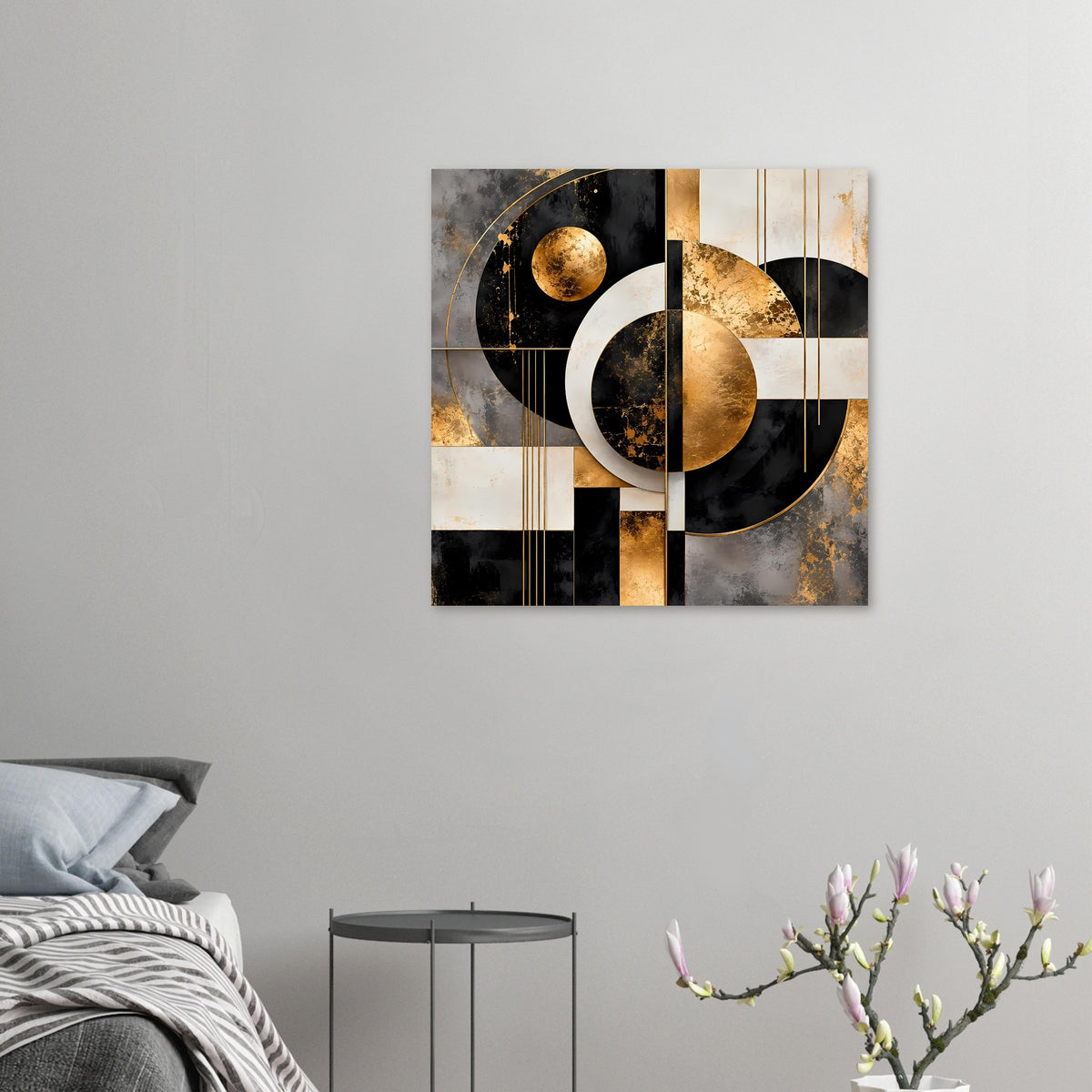 Quadratisches Poster mit goldfarbenen Kreisen und Streifen in Schwarz und Creme