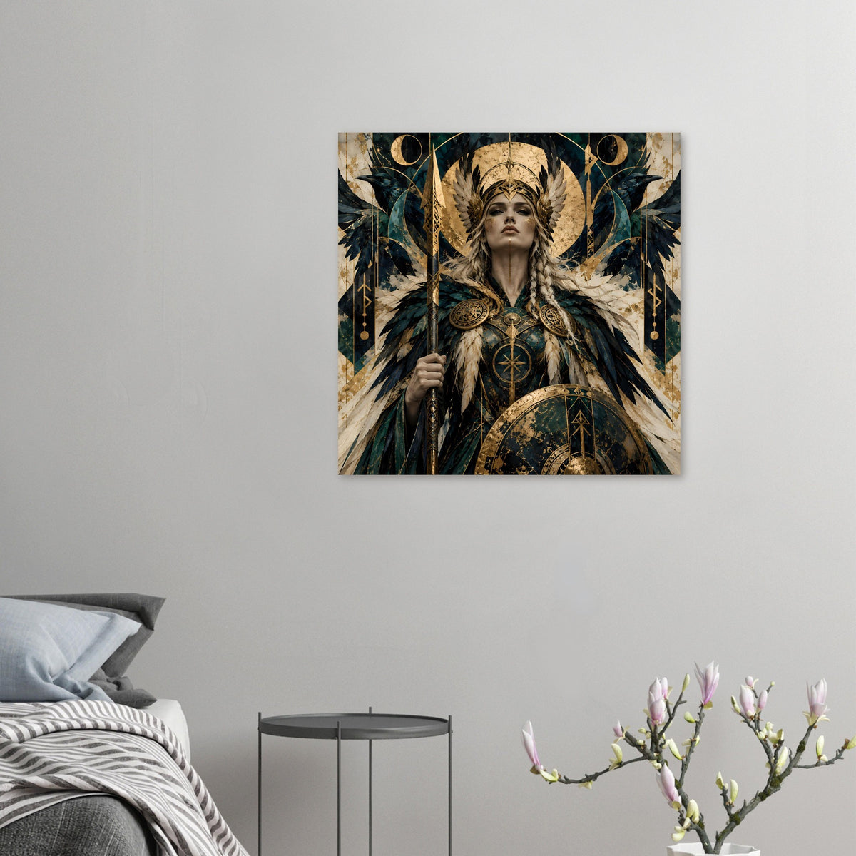 Kleines Wikinger-Kriegerinnen-Poster in Petrol und Gold, mit Flügeln, Helm und Schild