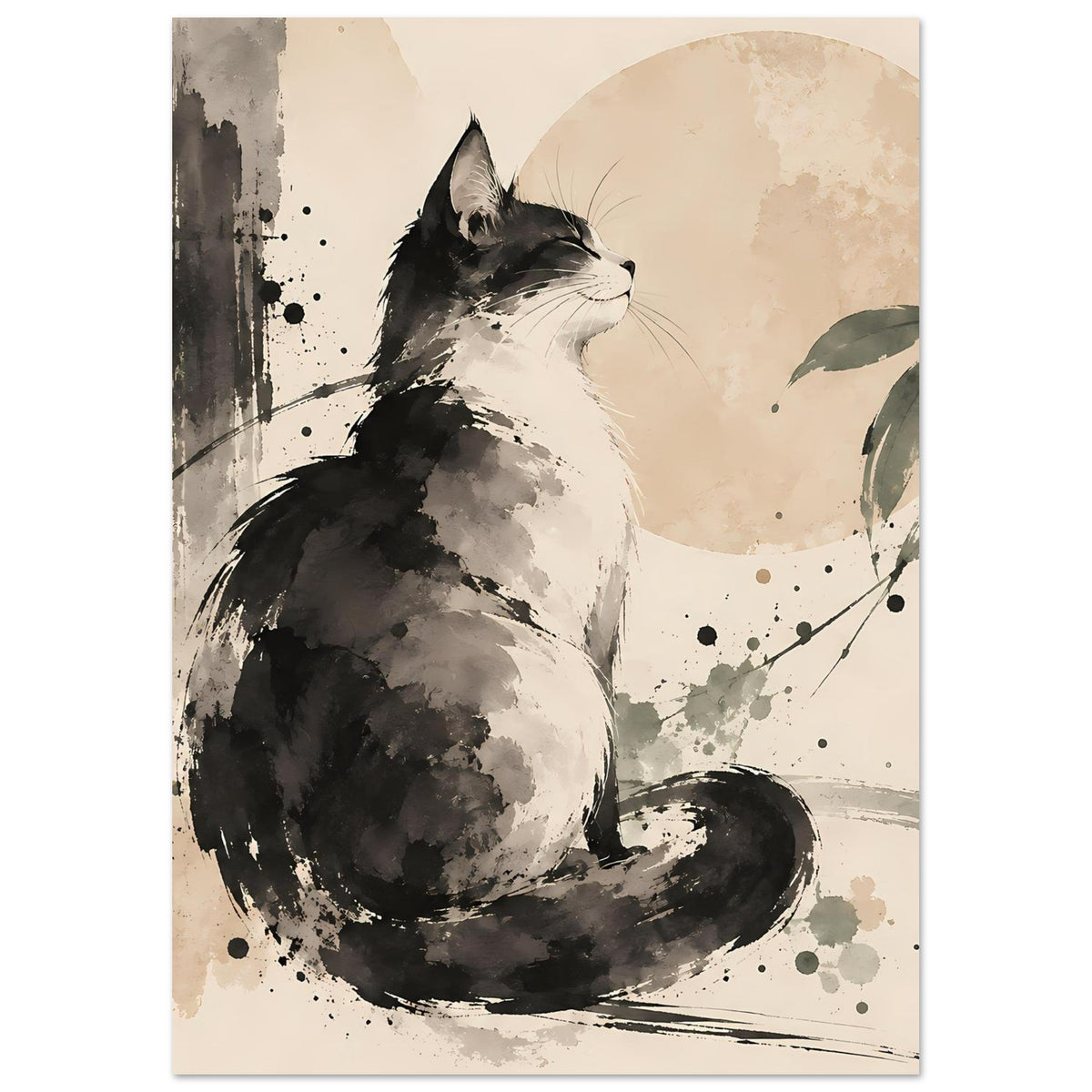Poster im Hochformat: sitzende Schwarzweiß-Katze mit Pinselstrichen und Blätterelementen