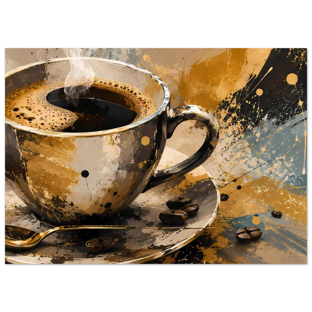 Kunstposter: Kaffeetasse mit Dampf, Untertasse und Kaffeebohnen in warmen Gold- und Blautönen