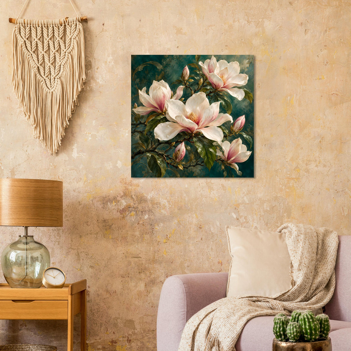 Quadratisches Poster mit rosa-cremefarbenen Magnolien und grünen Blättern