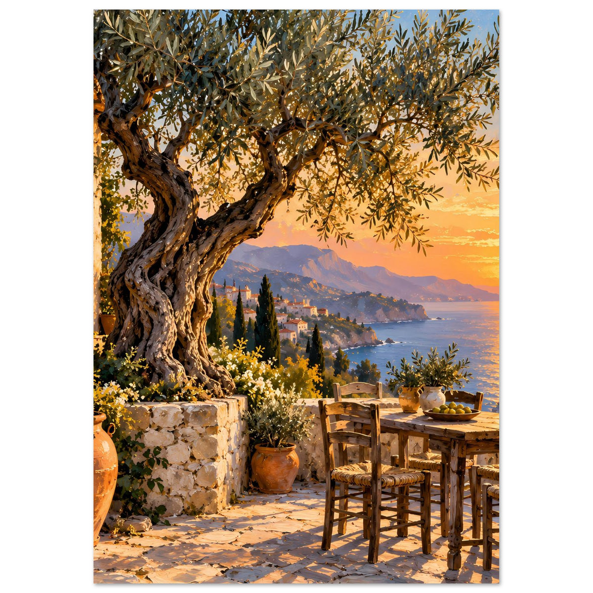 Mediterranes Sonnenuntergangs-Poster (hochkant): Olivenbaum mit gelbem Laub, Meer und Küstenort.