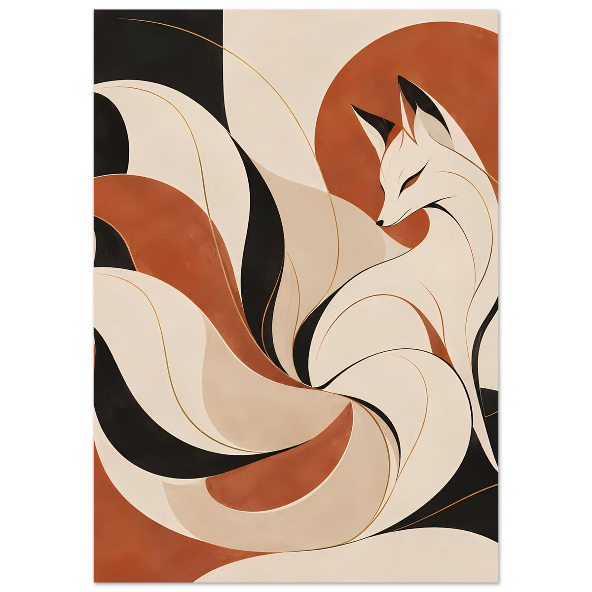 Japanisches Poster: Kitsune-Fuchsgeist im Profil, neun Schweifen in warmen Erdtönen