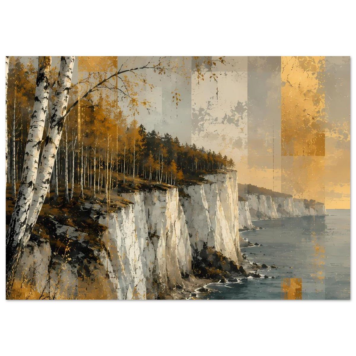 Horizontales Poster mit Küstenlandschaft: Steilküste, Meer und Herbstwald in Goldtönen