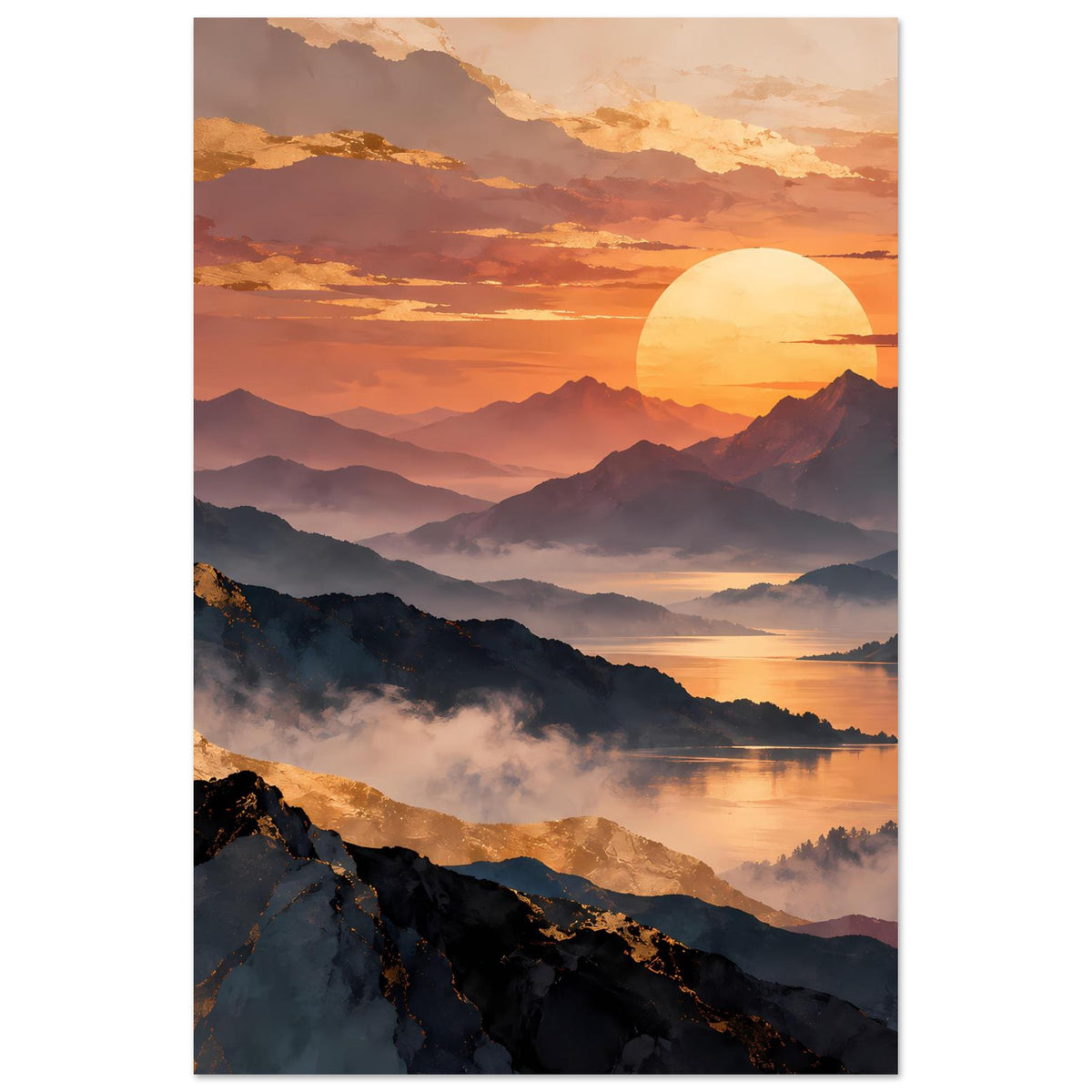 Vertikales Poster mit Sonnenuntergang, Bergketten, großer Sonne am Horizont und Nebel über Tälern