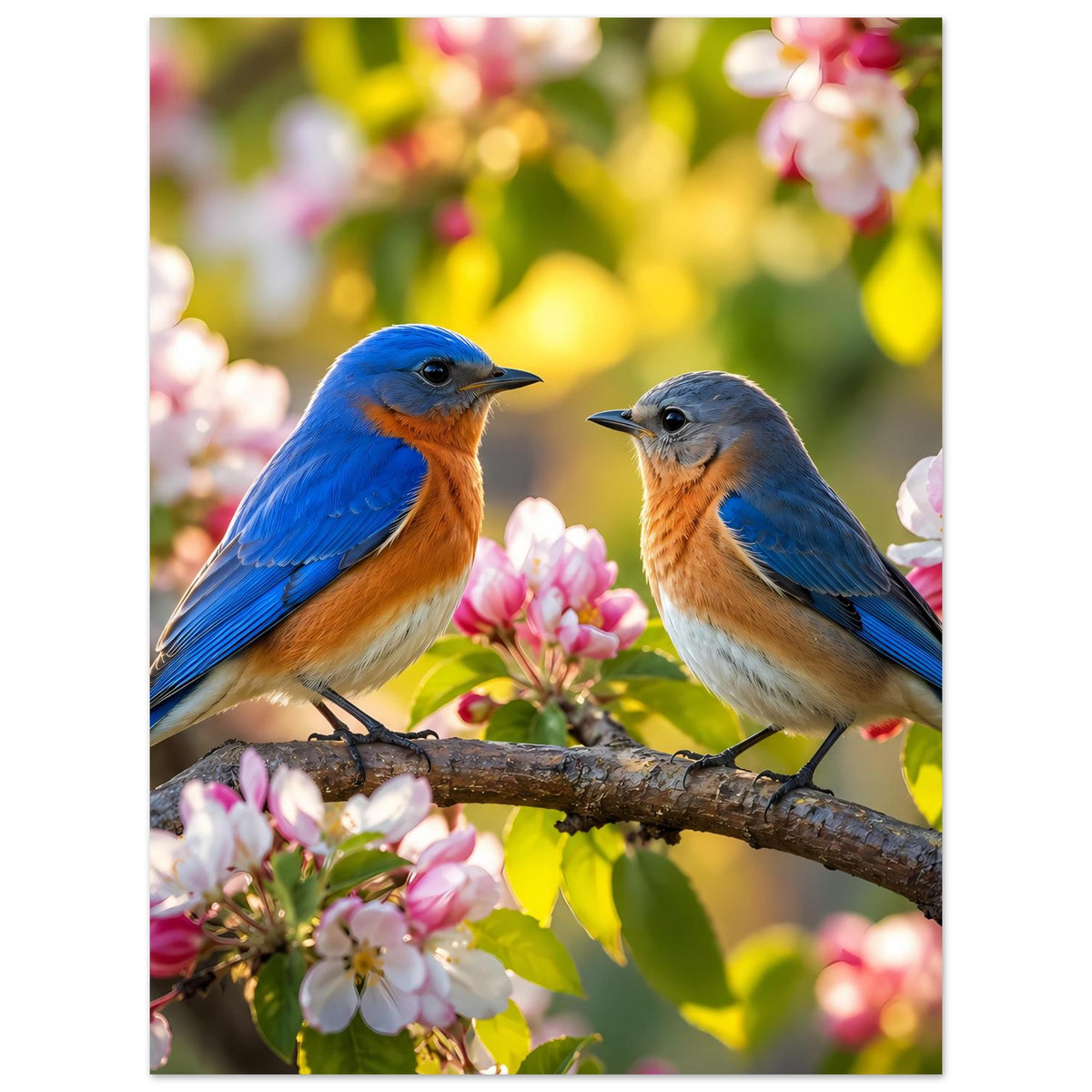Poster im Hochformat mit zwei Blaumeisen auf einem Ast zwischen rosa Blüten.